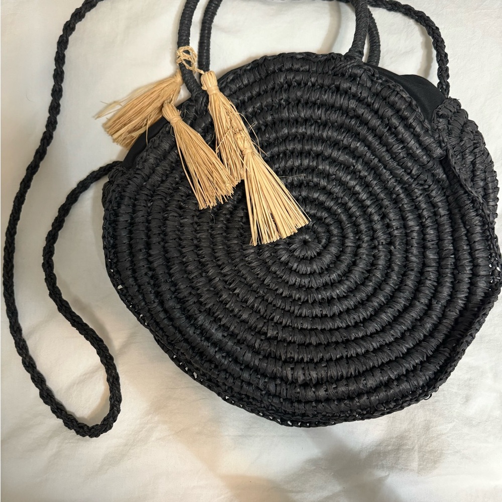 Straw Studios Black Round Crossbody Bag with Tan Tassels